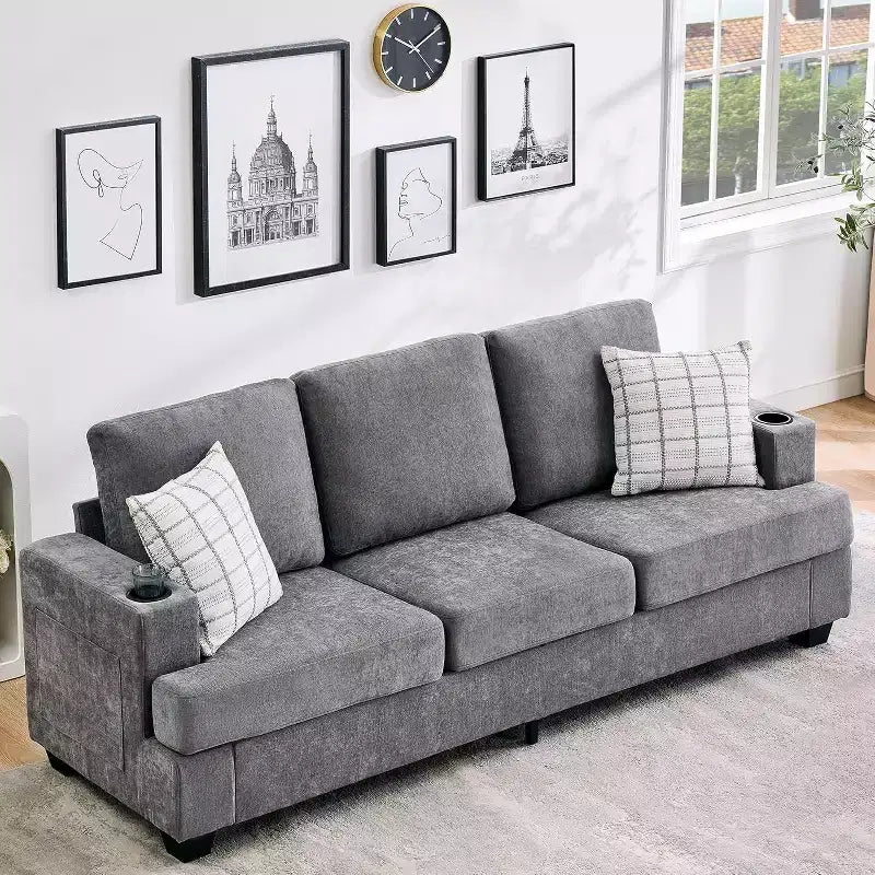 COZONY 89 3-Seater Modern Chenille Sofa with Deep Seats, Cup Holders & Side Storage Pockets, Upholstered Couch for Living Room or Apartment Lounge