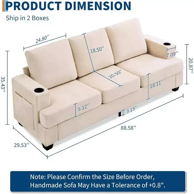 COZONY 89 3-Seater Modern Chenille Sofa with Deep Seats, Cup Holders & Side Storage Pockets, Upholstered Couch for Living Room or Apartment Lounge