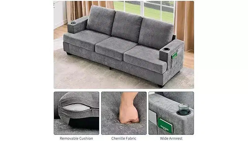 COZONY 89 3-Seater Modern Chenille Sofa with Deep Seats, Cup Holders & Side Storage Pockets, Upholstered Couch for Living Room or Apartment Lounge
