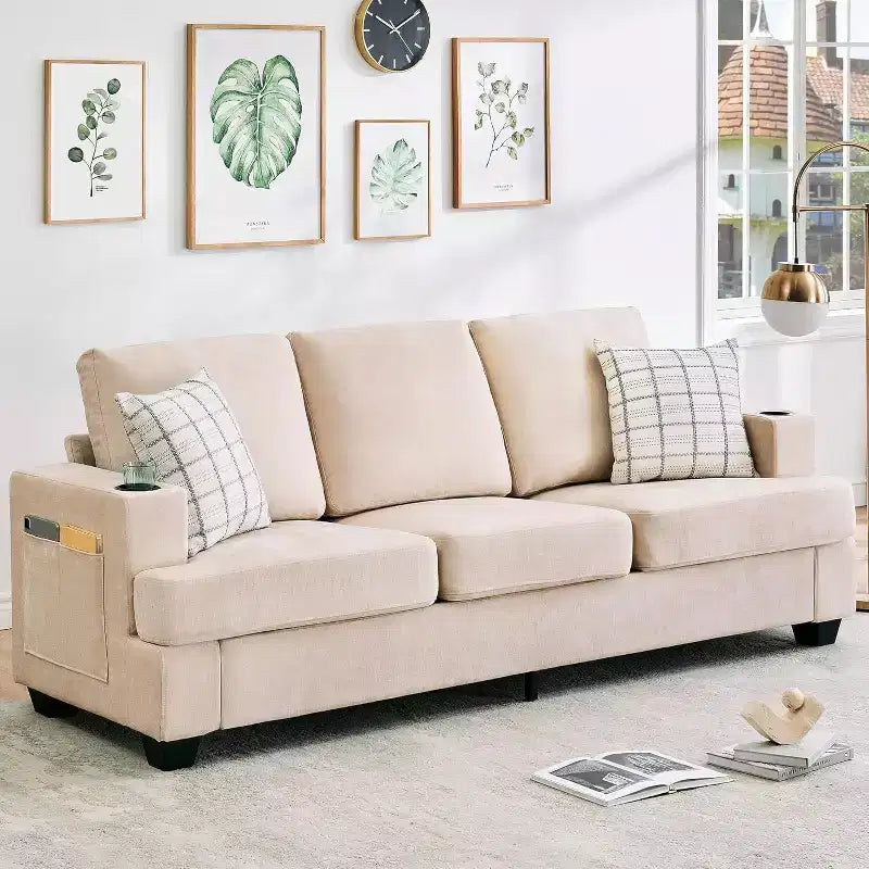 COZONY 89 3-Seater Modern Chenille Sofa with Deep Seats, Cup Holders & Side Storage Pockets, Upholstered Couch for Living Room or Apartment Lounge