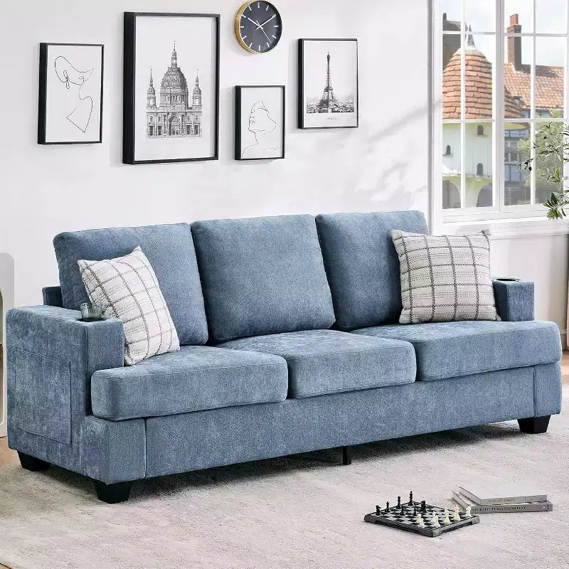 COZONY 89 3-Seater Modern Chenille Sofa with Deep Seats, Cup Holders & Side Storage Pockets, Upholstered Couch for Living Room or Apartment Lounge