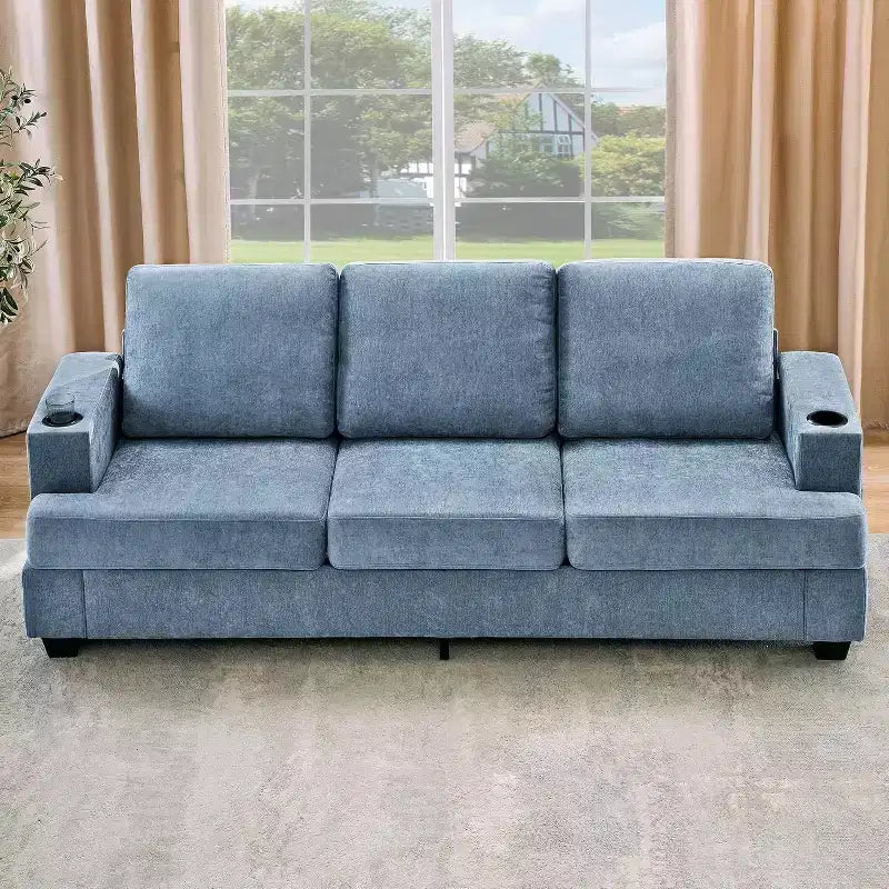 COZONY 89 3-Seater Modern Chenille Sofa with Deep Seats, Cup Holders & Side Storage Pockets, Upholstered Couch for Living Room or Apartment Lounge