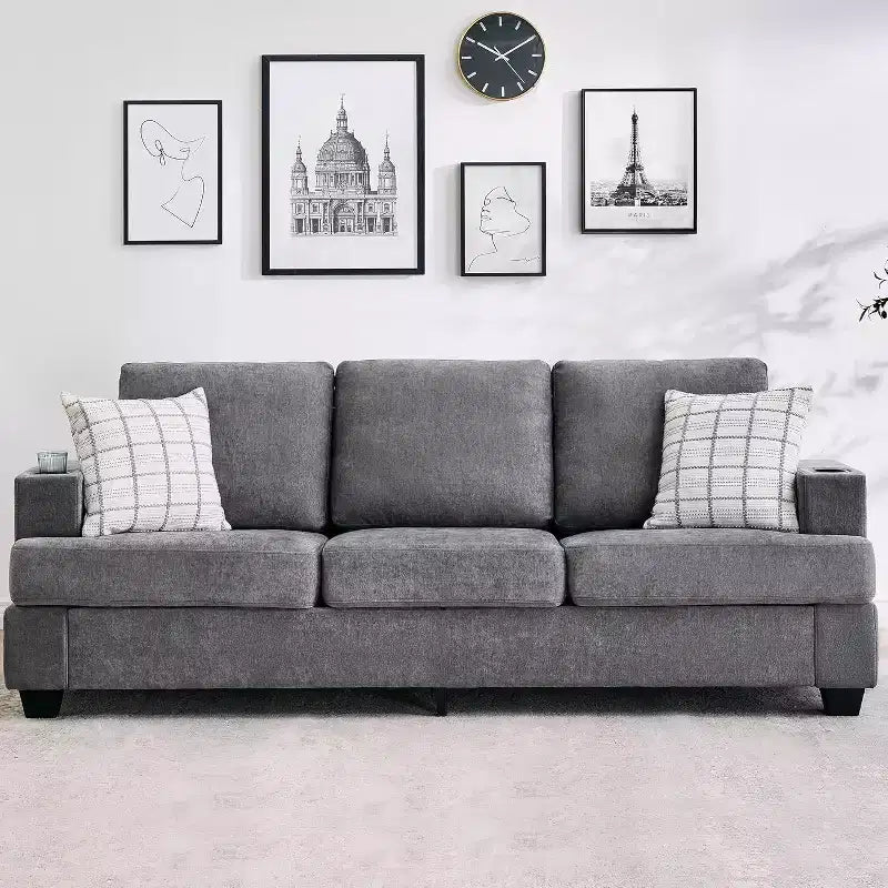 COZONY 89 3-Seater Modern Chenille Sofa with Deep Seats, Cup Holders & Side Storage Pockets, Upholstered Couch for Living Room or Apartment Lounge