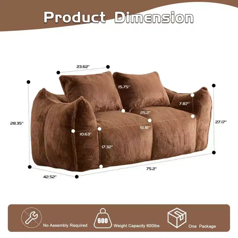 TUYOHW No Assembly Bean Bag Couch,75.2 Oversized Fluffy Loveseat with 2 Pillows,Faux Fur 2-Seater Couch for Living Room,Bedroom