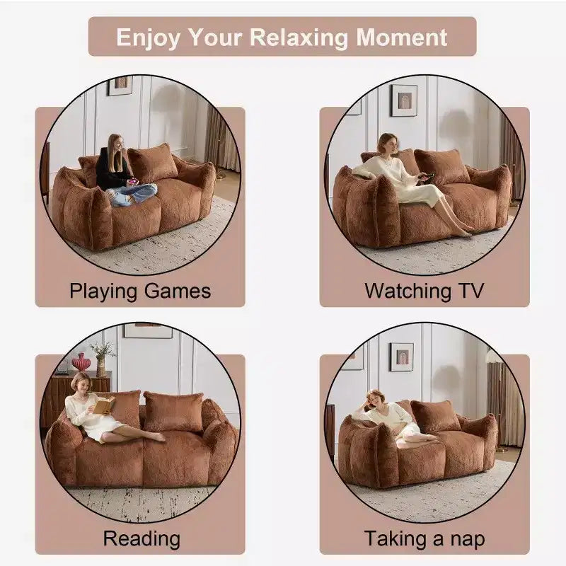 TUYOHW No Assembly Bean Bag Couch,75.2 Oversized Fluffy Loveseat with 2 Pillows,Faux Fur 2-Seater Couch for Living Room,Bedroom