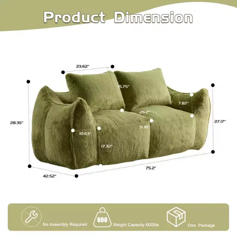 TUYOHW No Assembly Bean Bag Couch,75.2 Oversized Fluffy Loveseat with 2 Pillows,Faux Fur 2-Seater Couch for Living Room,Bedroom