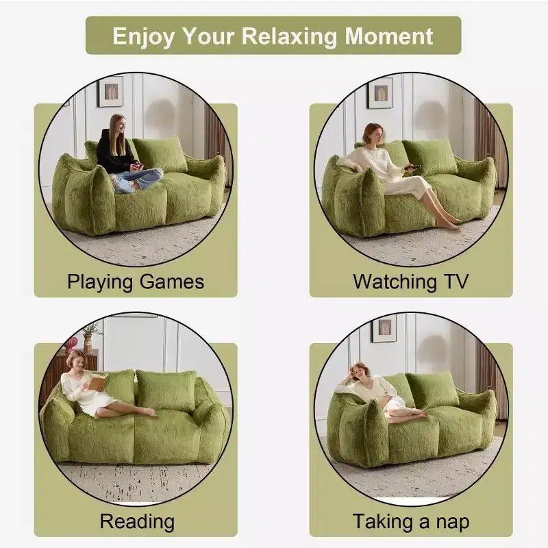 TUYOHW No Assembly Bean Bag Couch,75.2 Oversized Fluffy Loveseat with 2 Pillows,Faux Fur 2-Seater Couch for Living Room,Bedroom