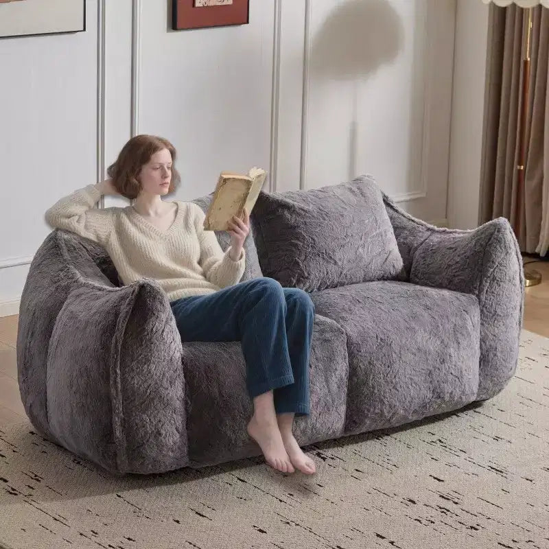 TUYOHW No Assembly Bean Bag Couch,75.2 Oversized Fluffy Loveseat with 2 Pillows,Faux Fur 2-Seater Couch for Living Room,Bedroom