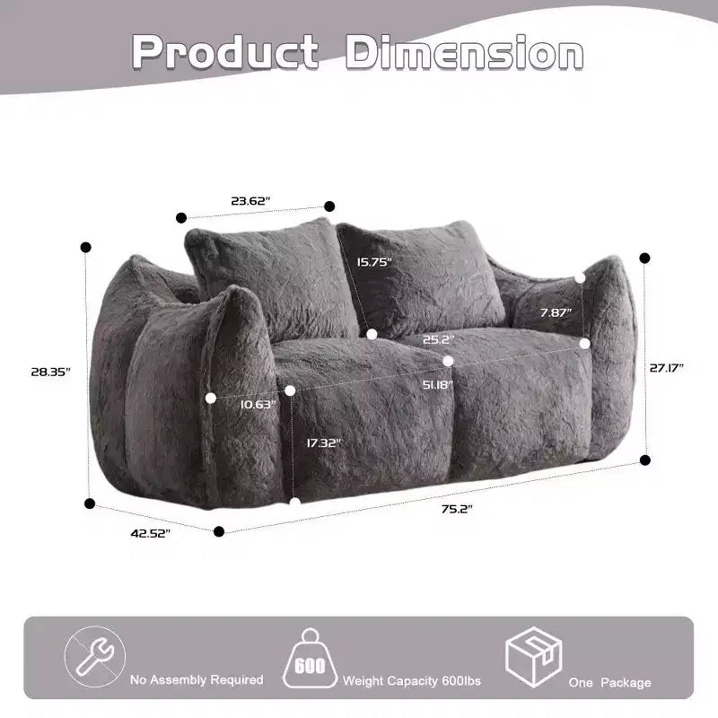 TUYOHW No Assembly Bean Bag Couch,75.2 Oversized Fluffy Loveseat with 2 Pillows,Faux Fur 2-Seater Couch for Living Room,Bedroom