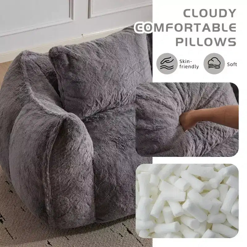 TUYOHW No Assembly Bean Bag Couch,75.2 Oversized Fluffy Loveseat with 2 Pillows,Faux Fur 2-Seater Couch for Living Room,Bedroom
