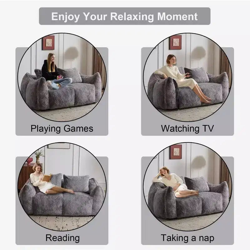 TUYOHW No Assembly Bean Bag Couch,75.2 Oversized Fluffy Loveseat with 2 Pillows,Faux Fur 2-Seater Couch for Living Room,Bedroom