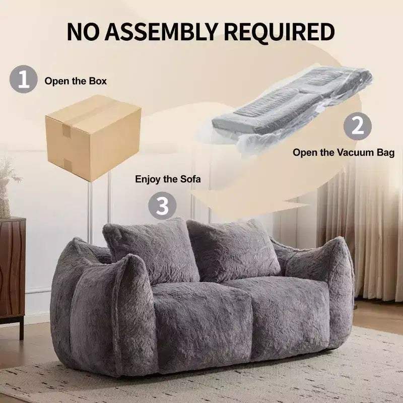 TUYOHW No Assembly Bean Bag Couch,75.2 Oversized Fluffy Loveseat with 2 Pillows,Faux Fur 2-Seater Couch for Living Room,Bedroom