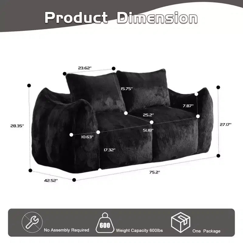 TUYOHW No Assembly Bean Bag Couch,75.2 Oversized Fluffy Loveseat with 2 Pillows,Faux Fur 2-Seater Couch for Living Room,Bedroom