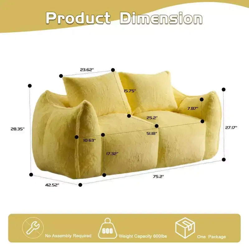TUYOHW No Assembly Bean Bag Couch,75.2 Oversized Fluffy Loveseat with 2 Pillows,Faux Fur 2-Seater Couch for Living Room,Bedroom