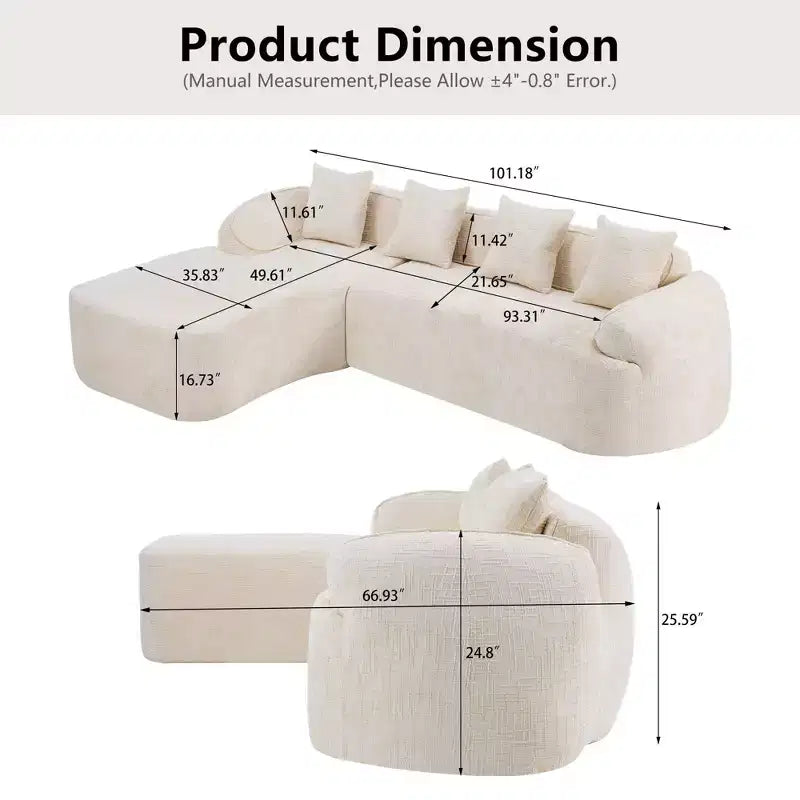 EHMKNP 101 L-Shaped Sectional Sofa with Curved Chaise  Modular Chenille Cloud Couch, No Assembly Required