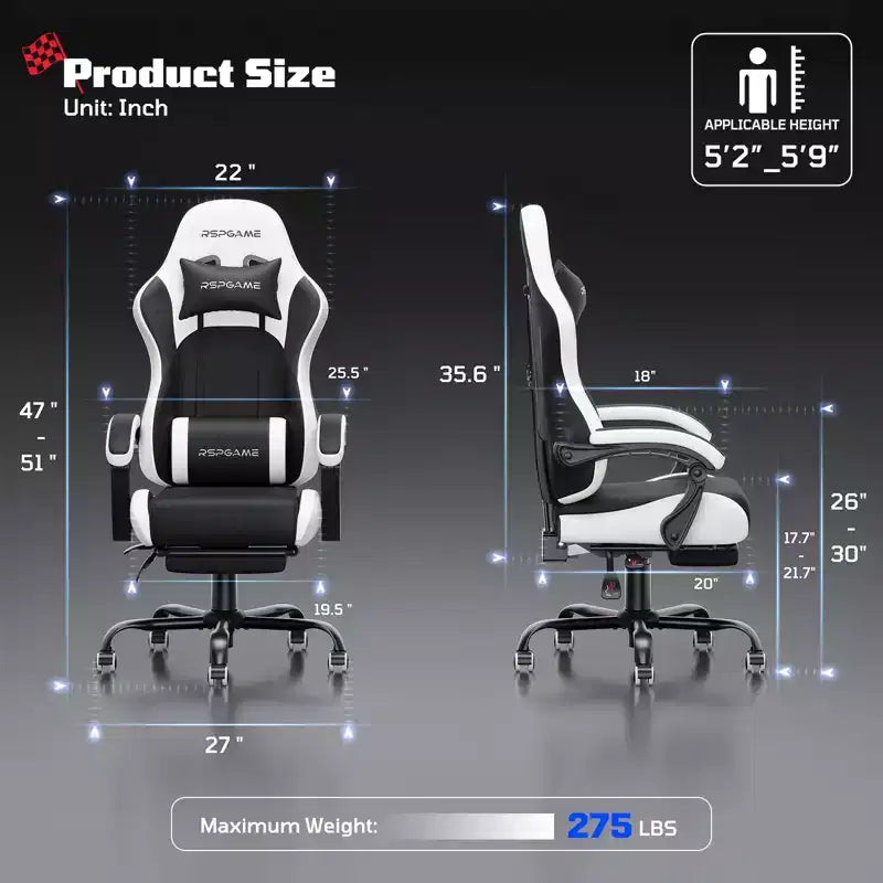 Chaise de jeu ergonomique basique RSPGAME pour adultes, chaises de bureau en cuir PU avec support lombaire vibrant et repose-pieds rétractable, chaises d'ordinateur de maison