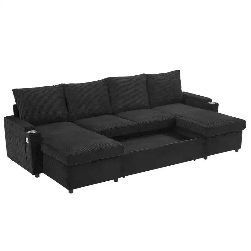Whisen 109.5 Convertible Sofa Bed, Modern U-Shaped Sofa, Upholstered Couch with Storage Boxes & Pockets, Cup Holders