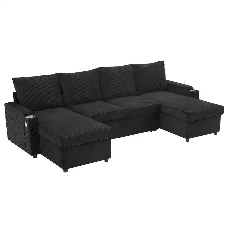 Whisen 109.5 Convertible Sofa Bed, Modern U-Shaped Sofa, Upholstered Couch with Storage Boxes & Pockets, Cup Holders