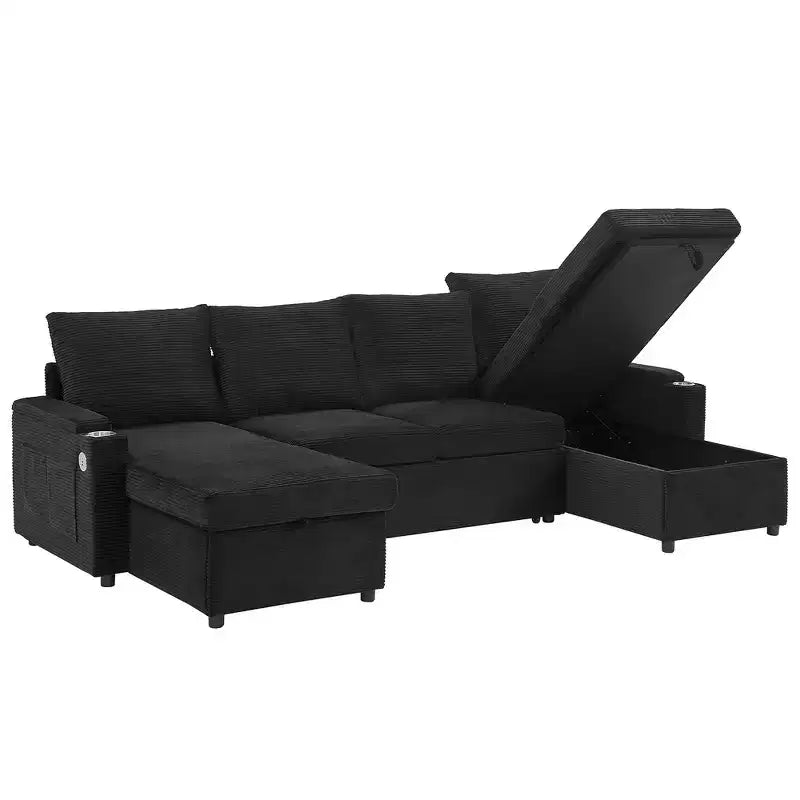 Whisen 109.5 Convertible Sofa Bed, Modern U-Shaped Sofa, Upholstered Couch with Storage Boxes & Pockets, Cup Holders