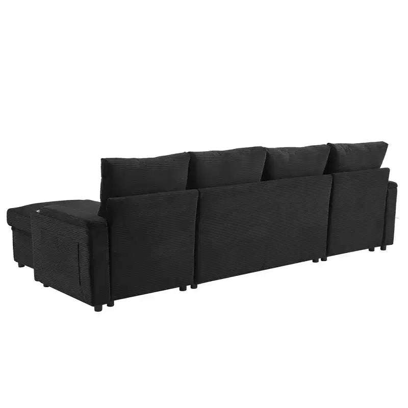 Whisen 109.5 Convertible Sofa Bed, Modern U-Shaped Sofa, Upholstered Couch with Storage Boxes & Pockets, Cup Holders