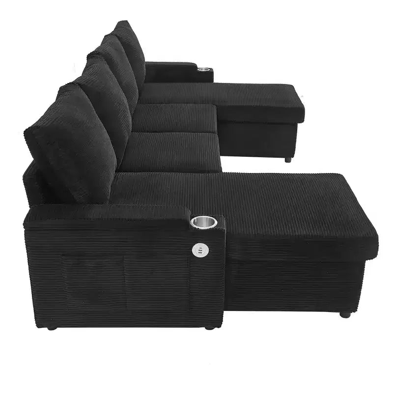 Whisen 109.5 Convertible Sofa Bed, Modern U-Shaped Sofa, Upholstered Couch with Storage Boxes & Pockets, Cup Holders