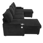 Whisen 109.5 Convertible Sofa Bed, Modern U-Shaped Sofa, Upholstered Couch with Storage Boxes & Pockets, Cup Holders