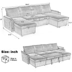 Whisen 109.5 Convertible Sofa Bed, Modern U-Shaped Sofa, Upholstered Couch with Storage Boxes & Pockets, Cup Holders
