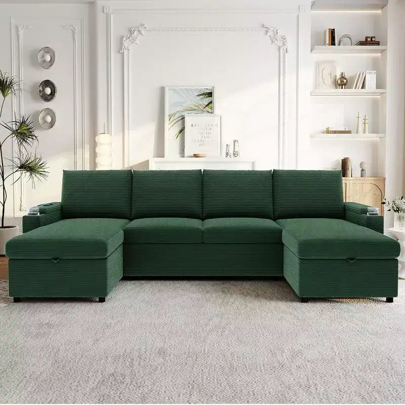 Whisen 109.5 Convertible Sofa Bed, Modern U-Shaped Sofa, Upholstered Couch with Storage Boxes & Pockets, Cup Holders