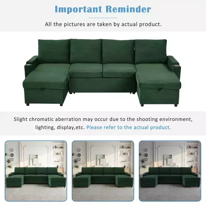 Whisen 109.5 Convertible Sofa Bed, Modern U-Shaped Sofa, Upholstered Couch with Storage Boxes & Pockets, Cup Holders