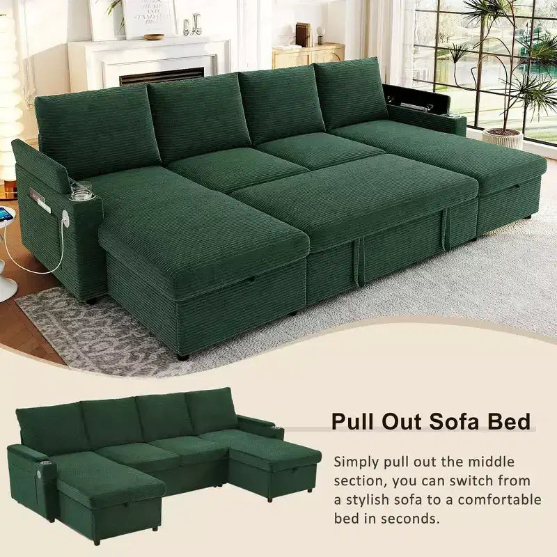 Whisen 109.5 Convertible Sofa Bed, Modern U-Shaped Sofa, Upholstered Couch with Storage Boxes & Pockets, Cup Holders