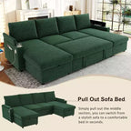 Whisen 109.5 Convertible Sofa Bed, Modern U-Shaped Sofa, Upholstered Couch with Storage Boxes & Pockets, Cup Holders