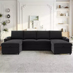 Whisen 109.5 Convertible Sofa Bed, Modern U-Shaped Sofa, Upholstered Couch with Storage Boxes & Pockets, Cup Holders