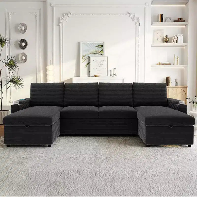 Whisen 109.5 Convertible Sofa Bed, Modern U-Shaped Sofa, Upholstered Couch with Storage Boxes & Pockets, Cup Holders