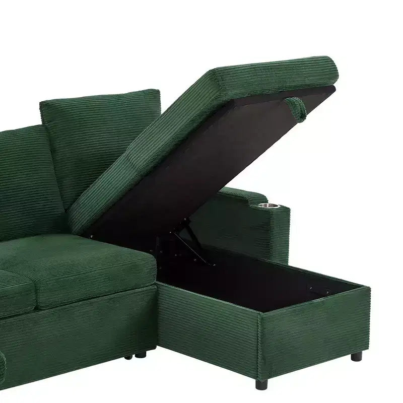 Whisen 109.5 Convertible Sofa Bed, Modern U-Shaped Sofa, Upholstered Couch with Storage Boxes & Pockets, Cup Holders