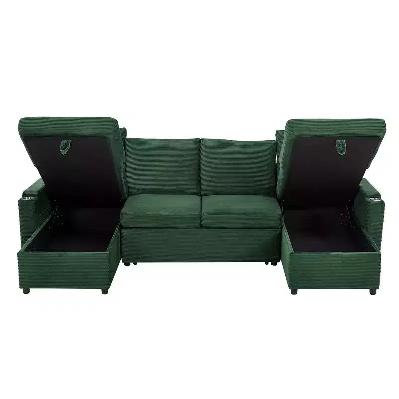 Whisen 109.5 Convertible Sofa Bed, Modern U-Shaped Sofa, Upholstered Couch with Storage Boxes & Pockets, Cup Holders