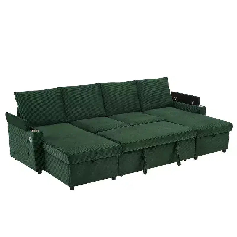 Whisen 109.5 Convertible Sofa Bed, Modern U-Shaped Sofa, Upholstered Couch with Storage Boxes & Pockets, Cup Holders
