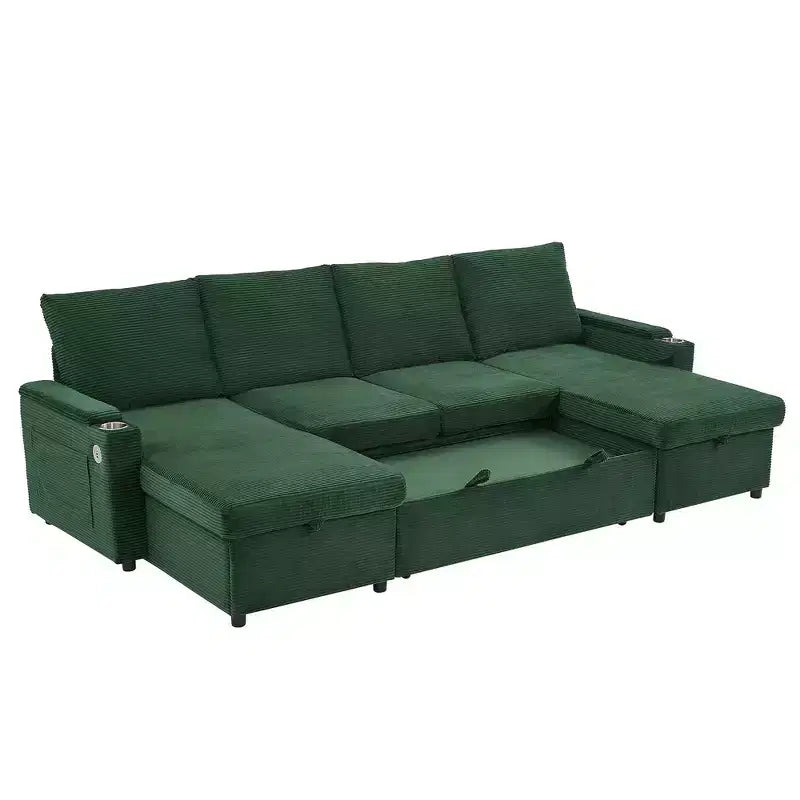 Whisen 109.5 Convertible Sofa Bed, Modern U-Shaped Sofa, Upholstered Couch with Storage Boxes & Pockets, Cup Holders