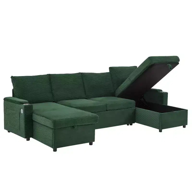 Whisen 109.5 Convertible Sofa Bed, Modern U-Shaped Sofa, Upholstered Couch with Storage Boxes & Pockets, Cup Holders