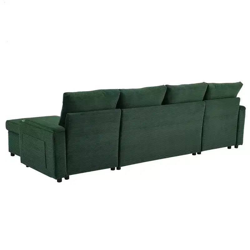 Whisen 109.5 Convertible Sofa Bed, Modern U-Shaped Sofa, Upholstered Couch with Storage Boxes & Pockets, Cup Holders