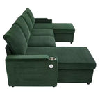 Whisen 109.5 Convertible Sofa Bed, Modern U-Shaped Sofa, Upholstered Couch with Storage Boxes & Pockets, Cup Holders