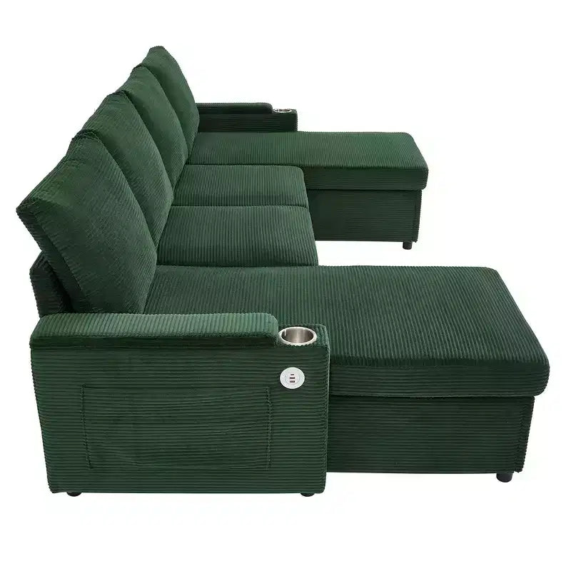 Whisen 109.5 Convertible Sofa Bed, Modern U-Shaped Sofa, Upholstered Couch with Storage Boxes & Pockets, Cup Holders