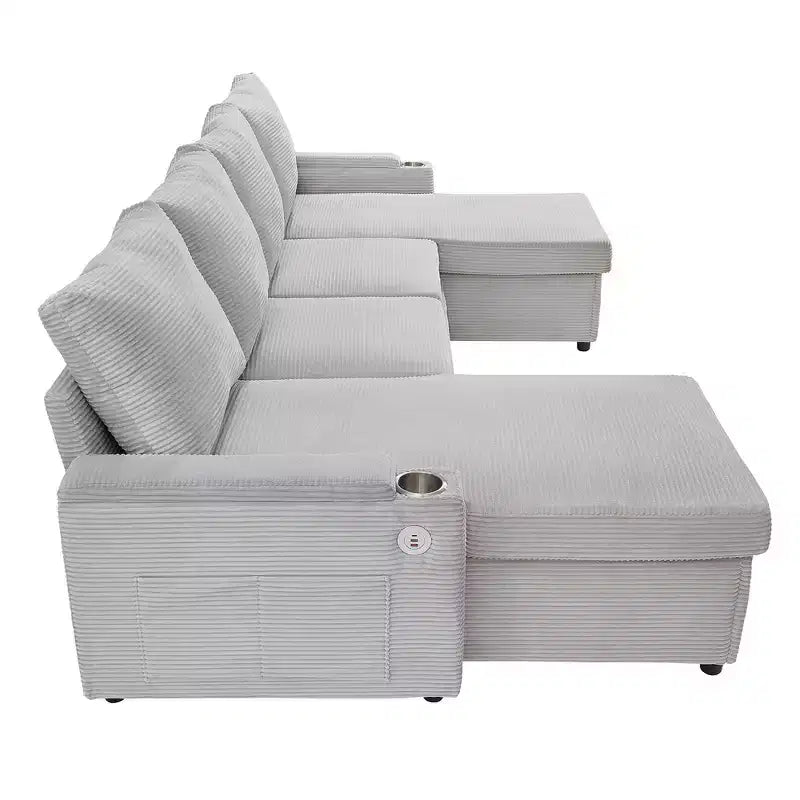 Whisen 109.5 Convertible Sofa Bed, Modern U-Shaped Sofa, Upholstered Couch with Storage Boxes & Pockets, Cup Holders