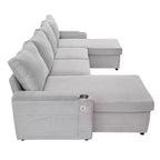Whisen 109.5 Convertible Sofa Bed, Modern U-Shaped Sofa, Upholstered Couch with Storage Boxes & Pockets, Cup Holders