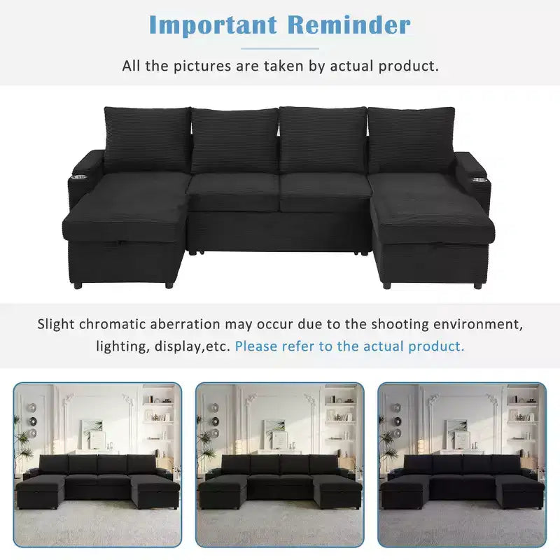 Whisen 109.5 Convertible Sofa Bed, Modern U-Shaped Sofa, Upholstered Couch with Storage Boxes & Pockets, Cup Holders