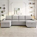 Whisen 109.5 Convertible Sofa Bed, Modern U-Shaped Sofa, Upholstered Couch with Storage Boxes & Pockets, Cup Holders
