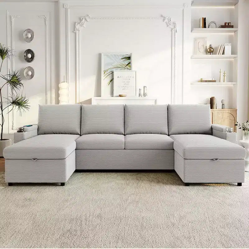 Whisen 109.5 Convertible Sofa Bed, Modern U-Shaped Sofa, Upholstered Couch with Storage Boxes & Pockets, Cup Holders