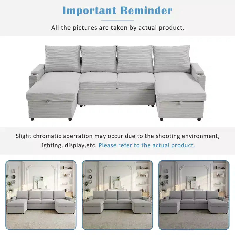 Whisen 109.5 Convertible Sofa Bed, Modern U-Shaped Sofa, Upholstered Couch with Storage Boxes & Pockets, Cup Holders