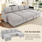 Whisen 109.5 Convertible Sofa Bed, Modern U-Shaped Sofa, Upholstered Couch with Storage Boxes & Pockets, Cup Holders