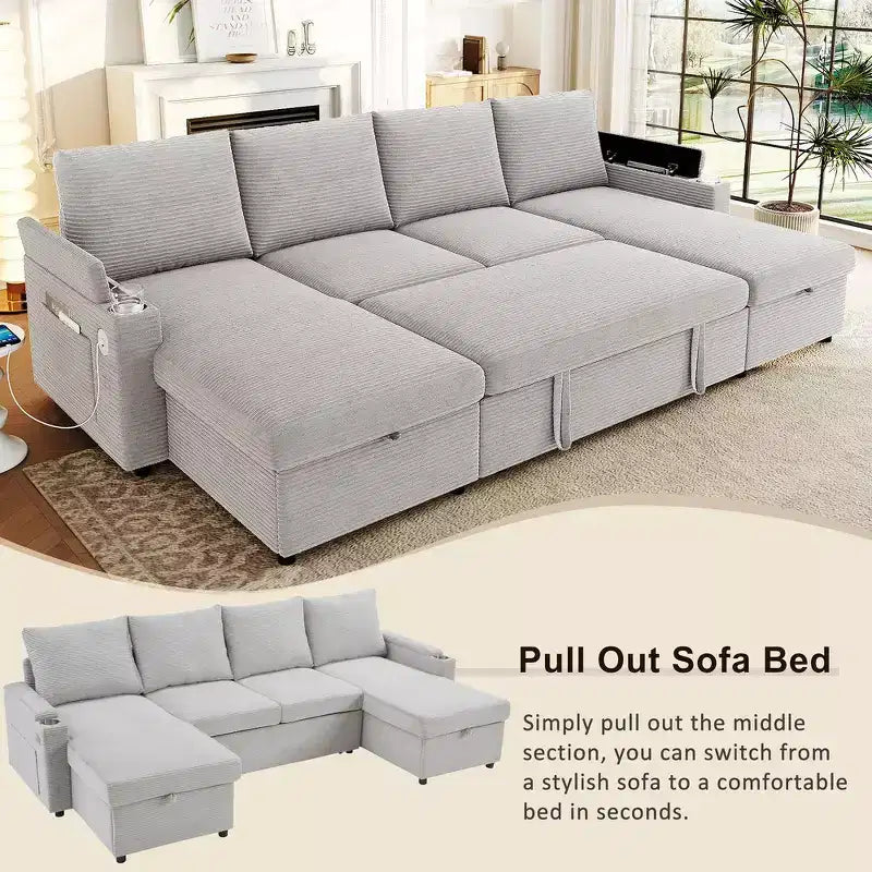 Whisen 109.5 Convertible Sofa Bed, Modern U-Shaped Sofa, Upholstered Couch with Storage Boxes & Pockets, Cup Holders
