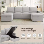 Whisen 109.5 Convertible Sofa Bed, Modern U-Shaped Sofa, Upholstered Couch with Storage Boxes & Pockets, Cup Holders